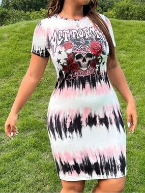 🔴 SHEIN Pink Black Tie-Dye 'Act Normal' Skull Mini Dress
